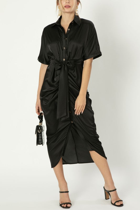 Midi Dress Satin Wrap Asymmetrical Hem