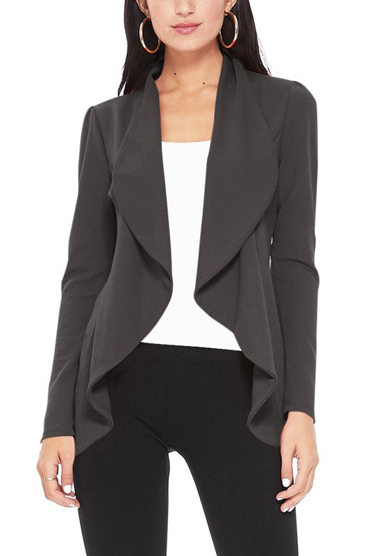 Blazer Open Front Waist Length Asymmetric Hem