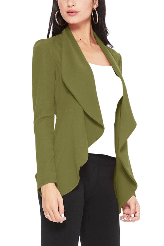 Blazer Open Front Waist Length Asymmetric Hem