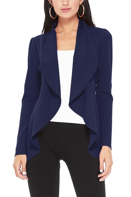 Blazer Open Front Waist Length Asymmetric Hem