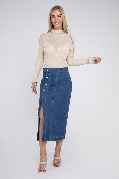 Midi Skirt Denim Side Leg Slit With Button Up