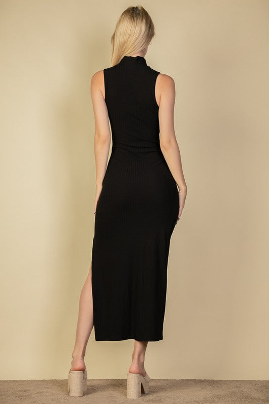 Maxi Dress Bodycon Side Leg Slit Ribbed Mock Neck