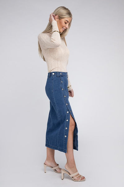 Midi Skirt Denim Side Leg Slit With Button Up