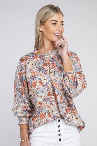 Blouse Floral Print Mock Neck