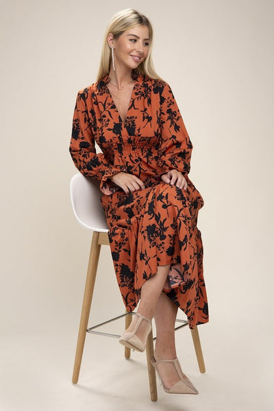 Midi Dress Floral Print Bishop Sleeve Shirred