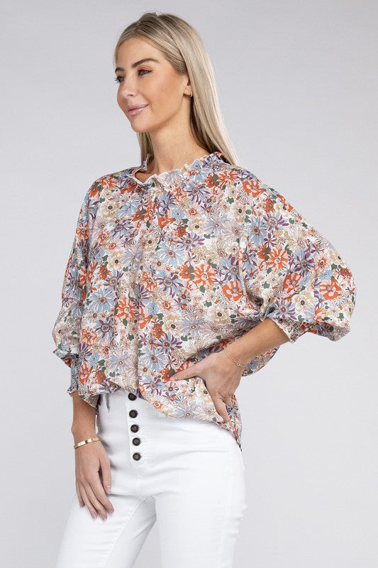 Blouse Floral Print Mock Neck