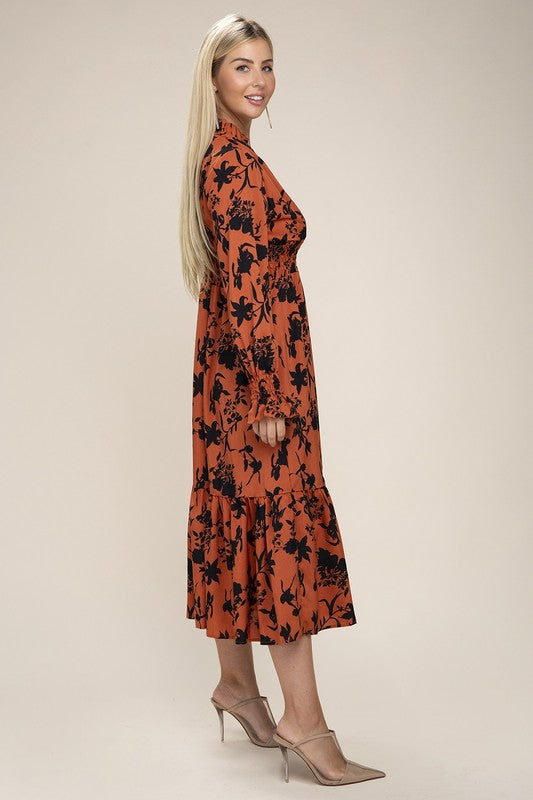 Midi Dress Floral Print Bishop Sleeve Shirred