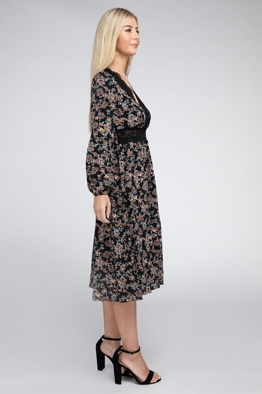 Midi Dress Floral Print Lace Trim