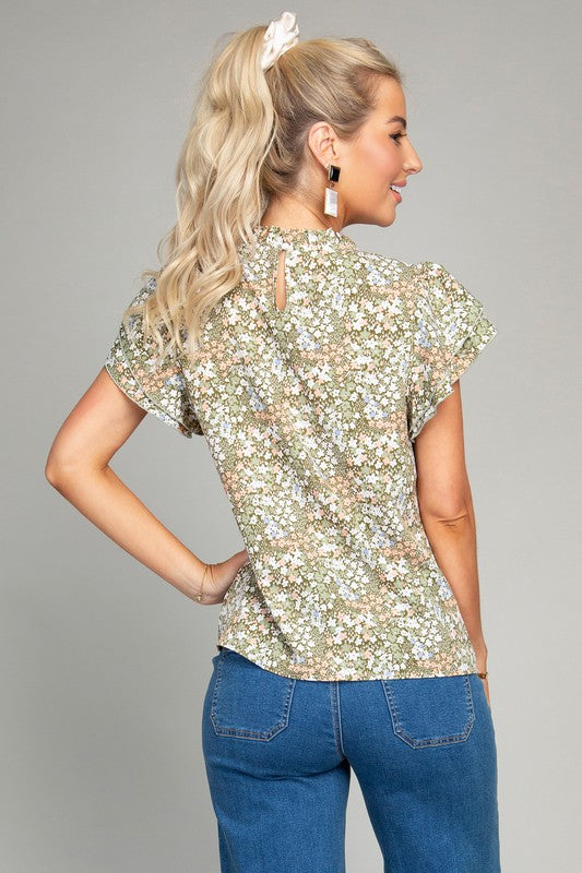 Blouse Ditsy Floral Print Butterfly Sleeve