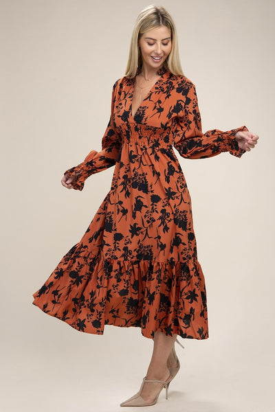 Midi Dress Floral Print Bishop Sleeve Shirred