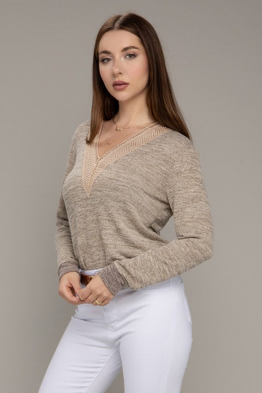 Sweater Contrast Lace V-Neck