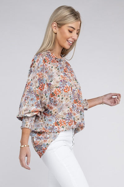 Blouse Floral Print Mock Neck