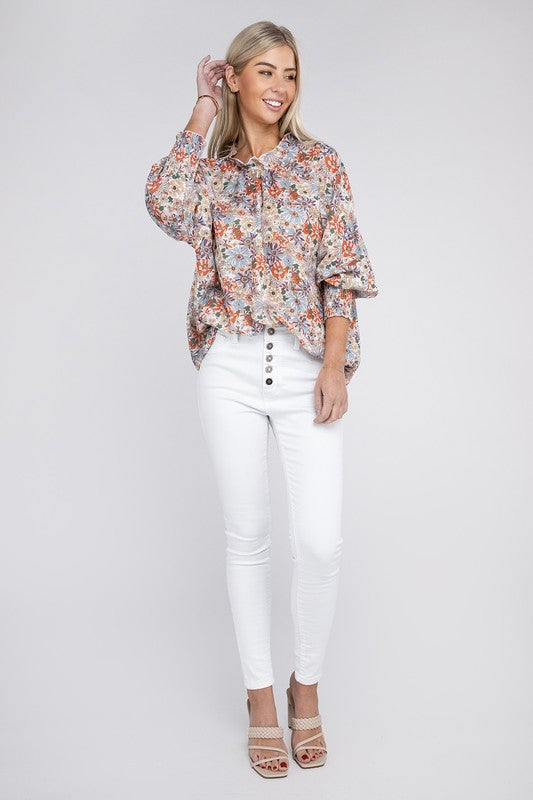 Blouse Floral Print Mock Neck