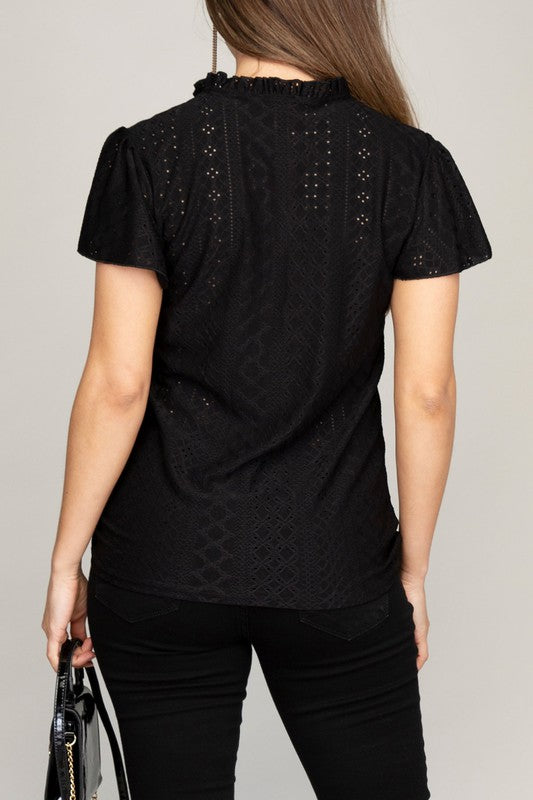 Blouse Embroidered Eyelet With Ruffle