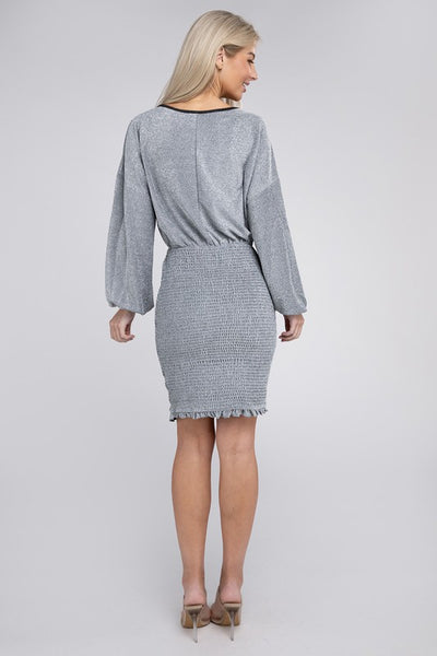 Midi Dress Metallic Fabric Bishop Sleeve