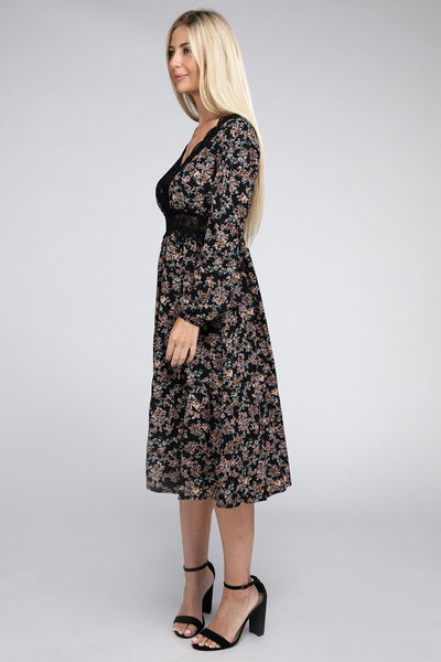 Midi Dress Floral Print Lace Trim