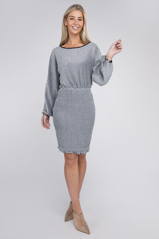 Midi Dress Metallic Fabric Bishop Sleeve