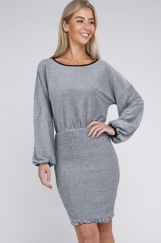 Midi Dress Metallic Fabric Bishop Sleeve