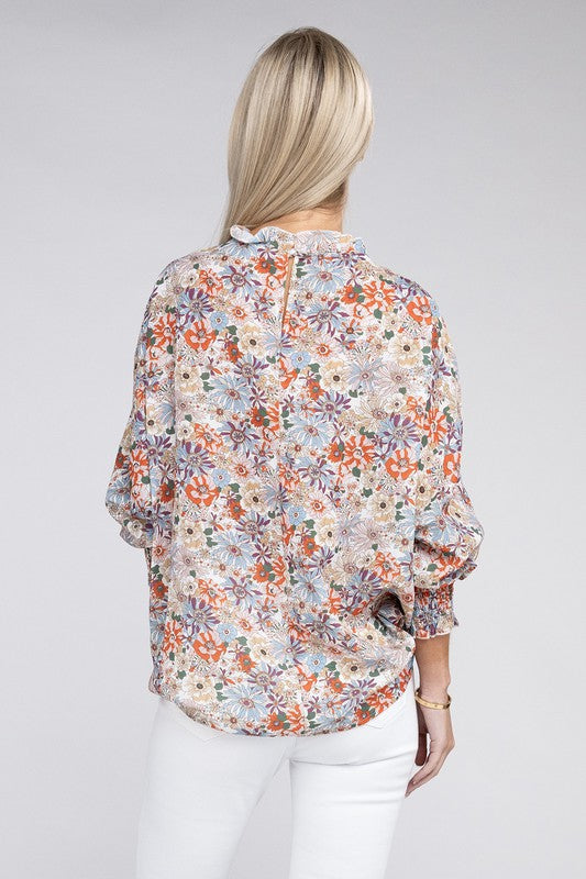 Blouse Floral Print Mock Neck