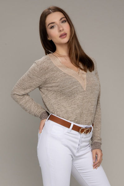 Sweater Contrast Lace V-Neck