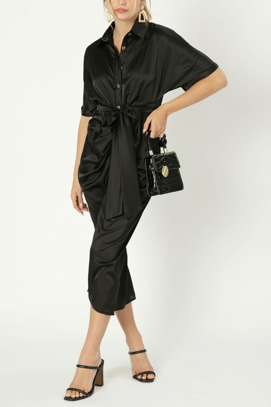 Midi Dress Satin Wrap Asymmetrical Hem