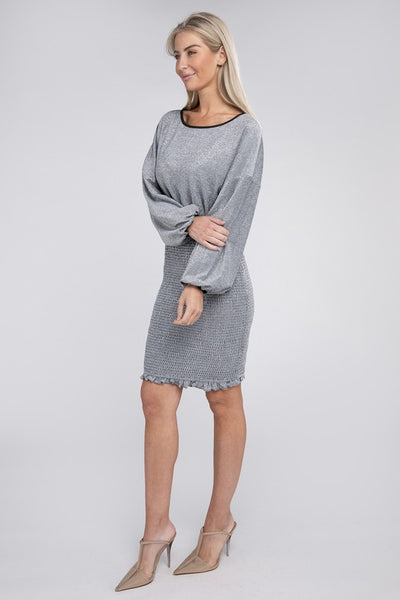 Midi Dress Metallic Fabric Bishop Sleeve