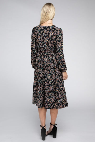 Midi Dress Floral Print Lace Trim