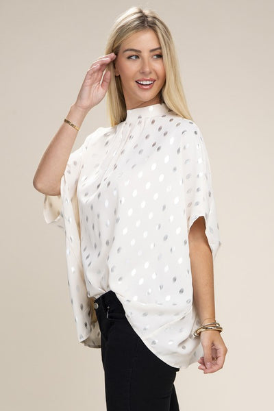 Blouse Silver Foil Dot Print Batwing Sleeve