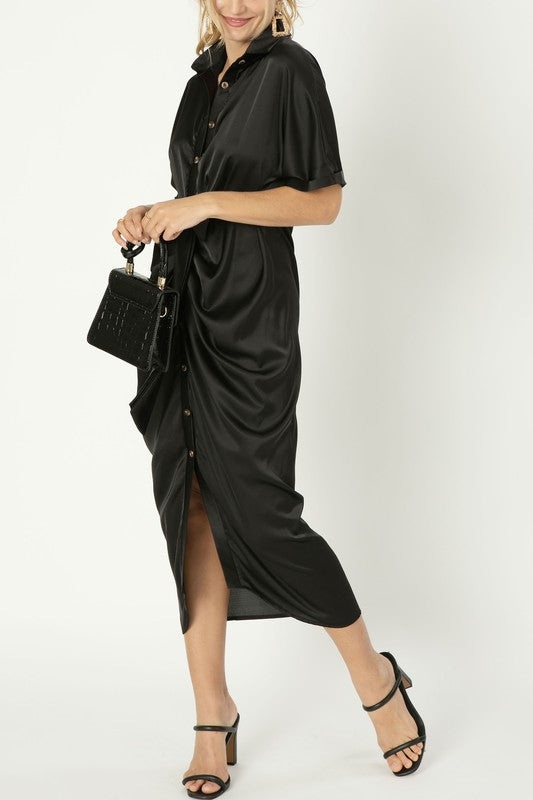 Midi Dress Satin Wrap Asymmetrical Hem