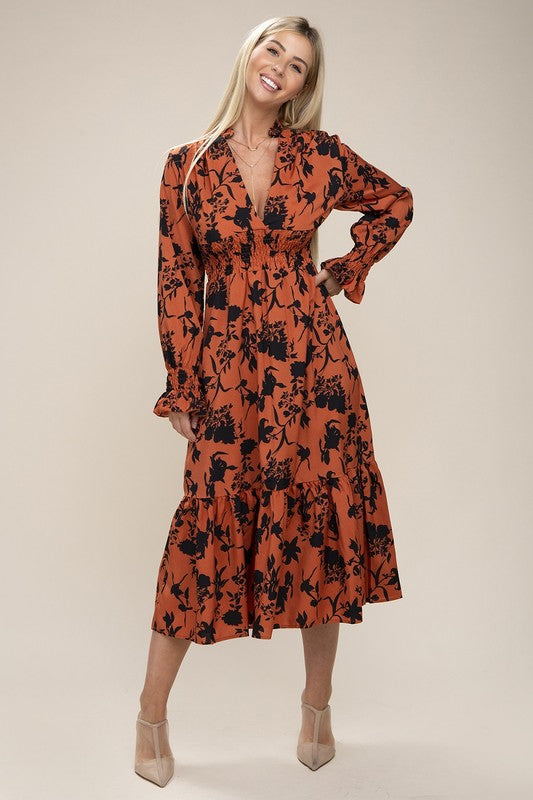 Midi Dress Floral Print Bishop Sleeve Shirred