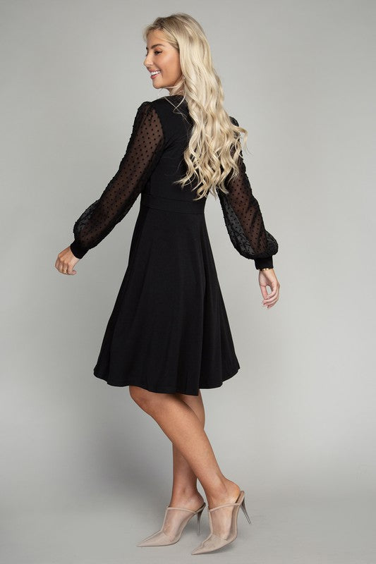 Midi Dress Swiss Dot Puff Sheer Sleeve